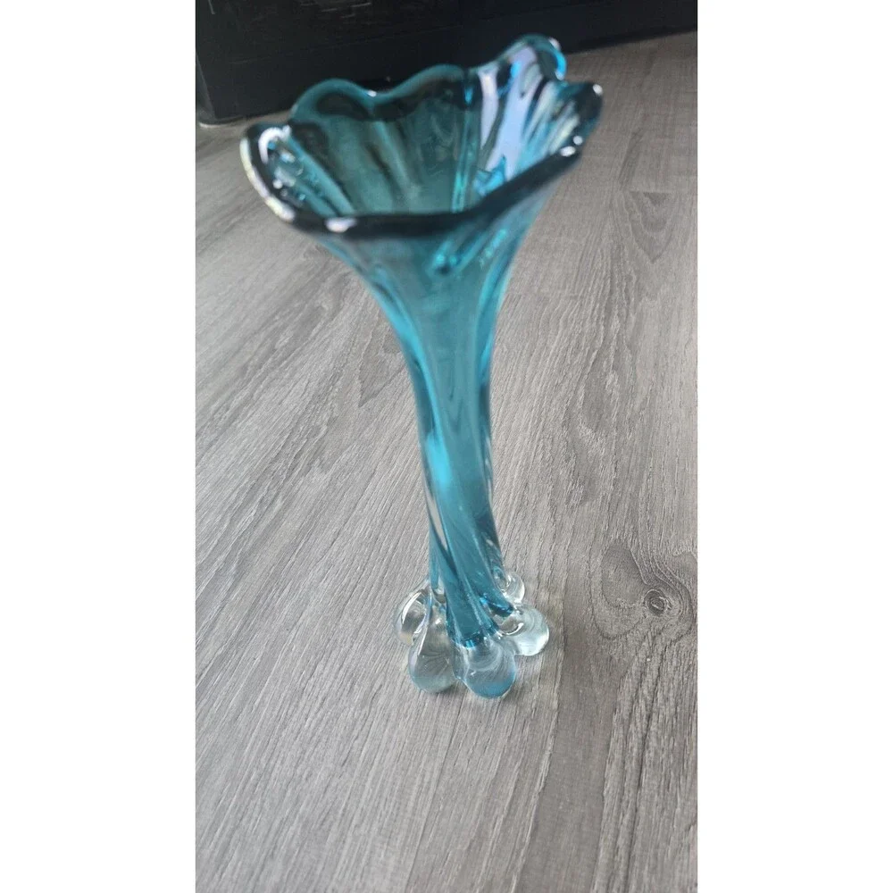 Vintage MCM Twisted Art Glass Vase Turquoise Blue Swung Glass 11